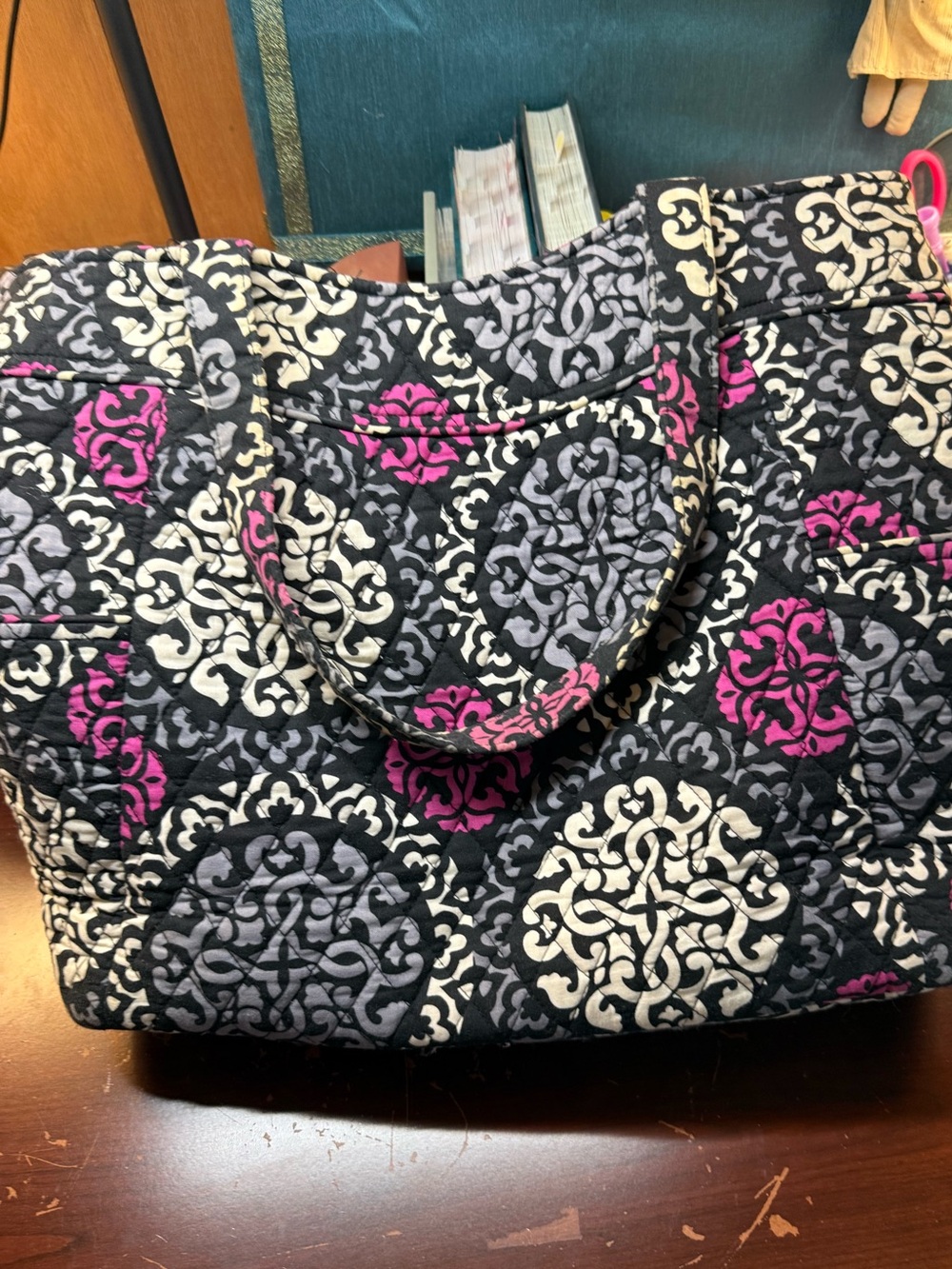 Vera Bradley Black Quilted Tote with Pink and Gray Medallion Pattern